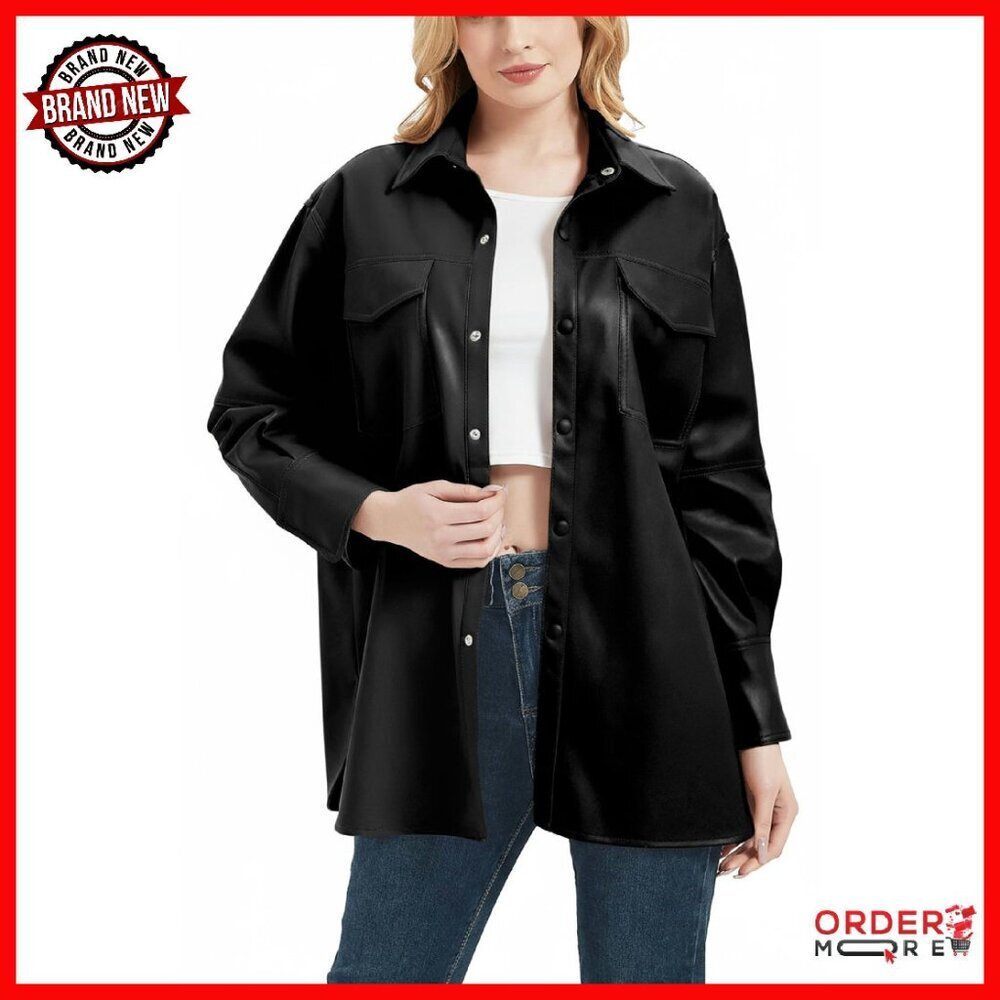 Faux Leather Shacket Jacket Loose Fit Lapel Button Down Long Sleeve